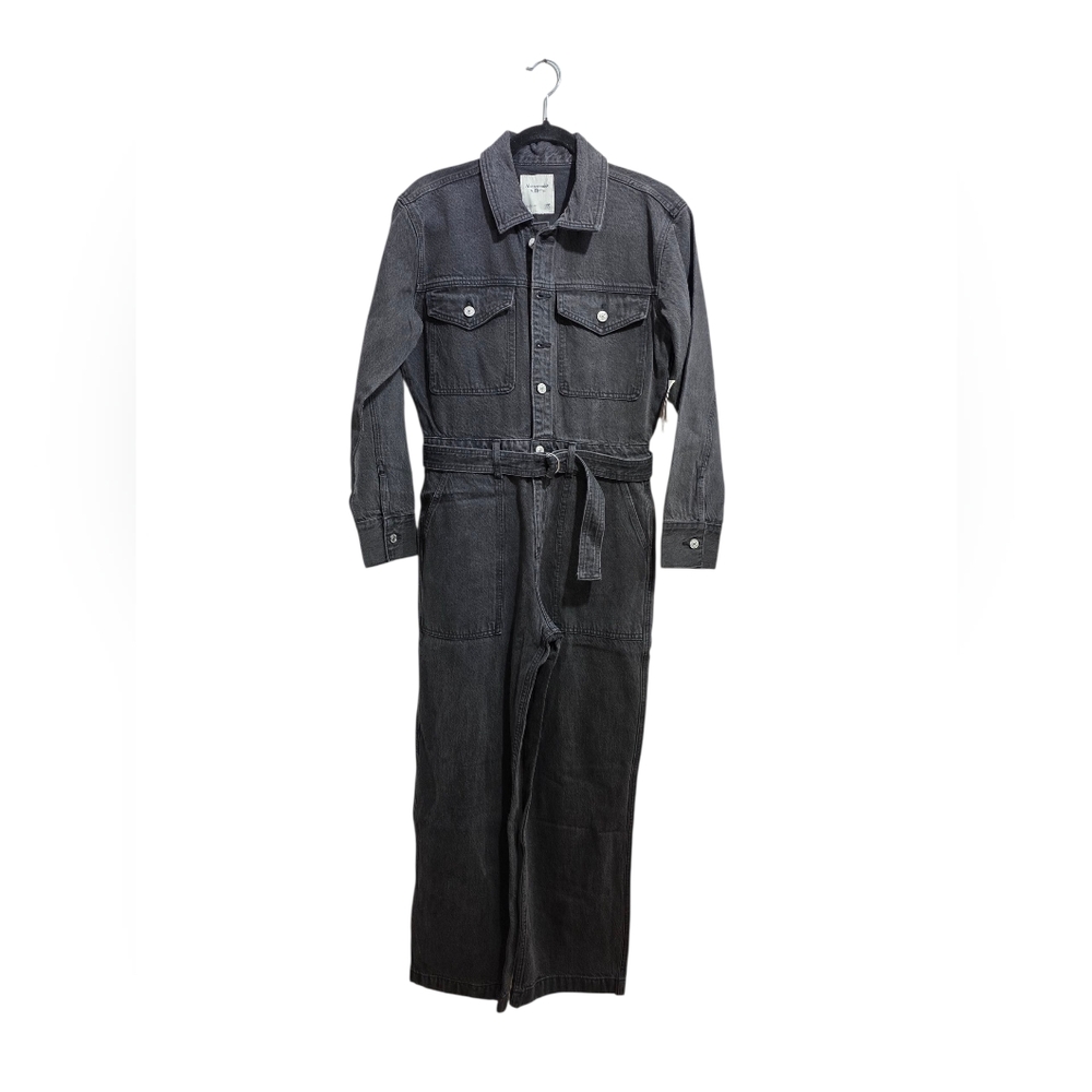 Abercrombie & Fitch Denim Jumpsuit Button Up Black Long Sleeve Outfit Women XSP